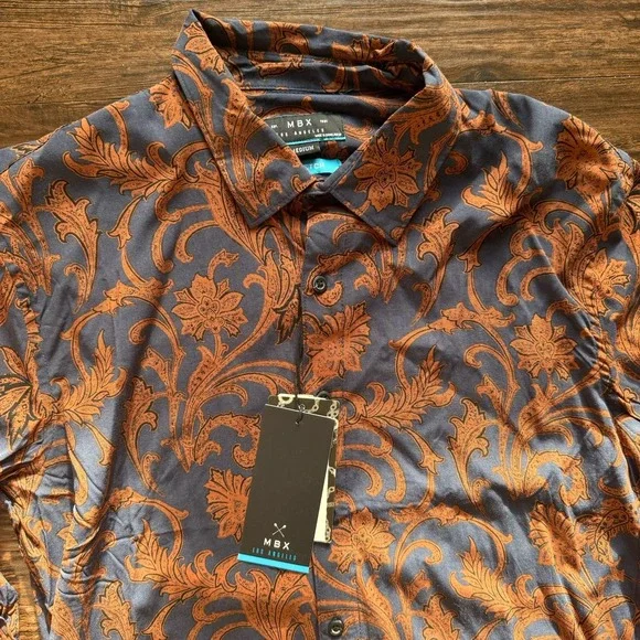NWT MBX Men's Medium Western Floral Button Down Long Sleeve Shirt Stretch Rayon - Picture 1 of 6